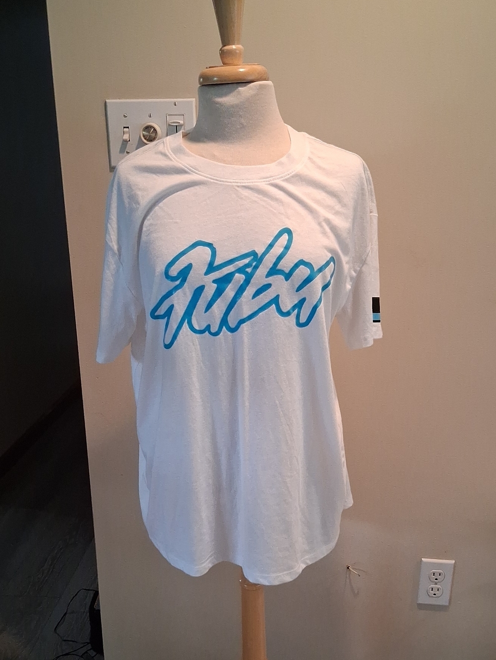 FUBU White Short Sleeve Tee with Blue Script Logo